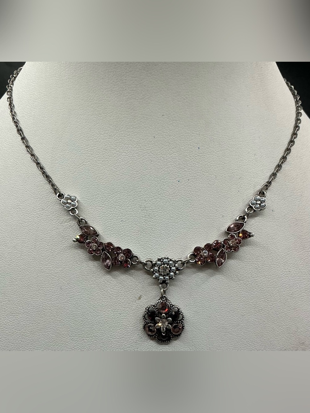 COOKIE LEE SILVER TONE FLORAL RHINESTONE NECKLACE PINK PURPLE